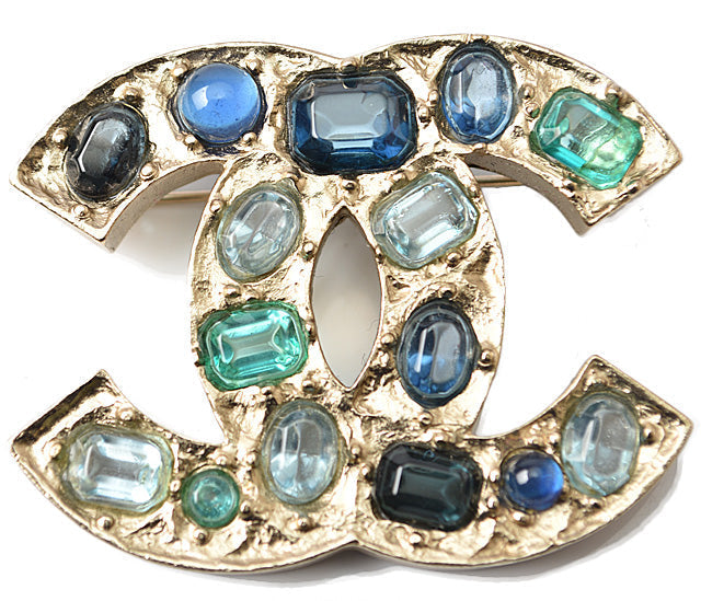 Top Quality Chanel Metal Rhinestone Brooch Blue Multi/Gold