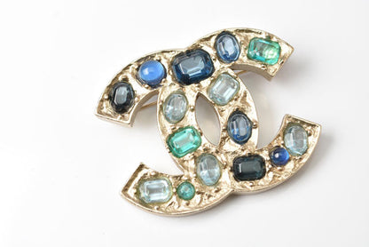 Top Quality Chanel Metal Rhinestone Brooch Blue Multi/Gold