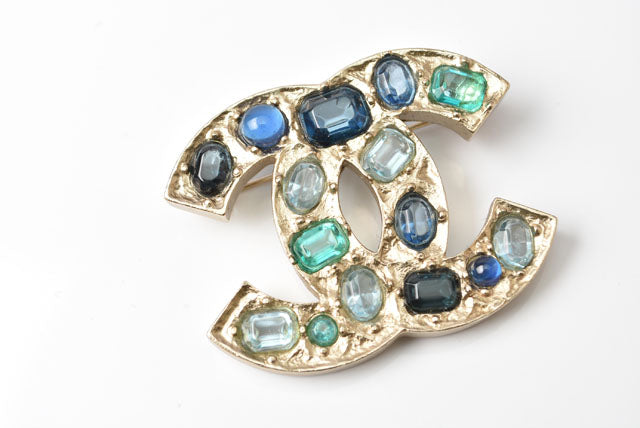Top Quality Chanel Metal Rhinestone Brooch Blue Multi/Gold