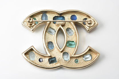 Top Quality Chanel Metal Rhinestone Brooch Blue Multi/Gold