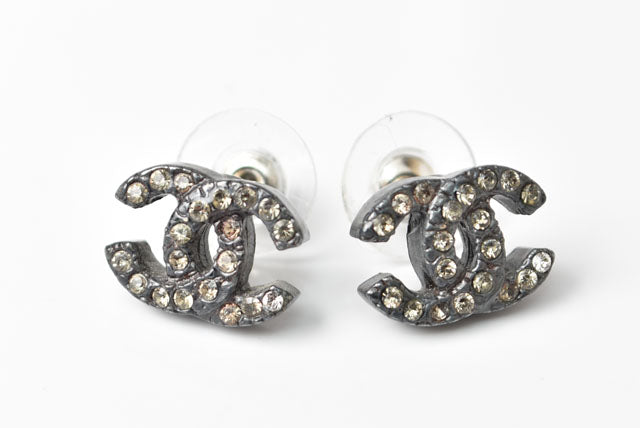 Top Quality Chanel Earrings CC Gunmetal Rhinestone