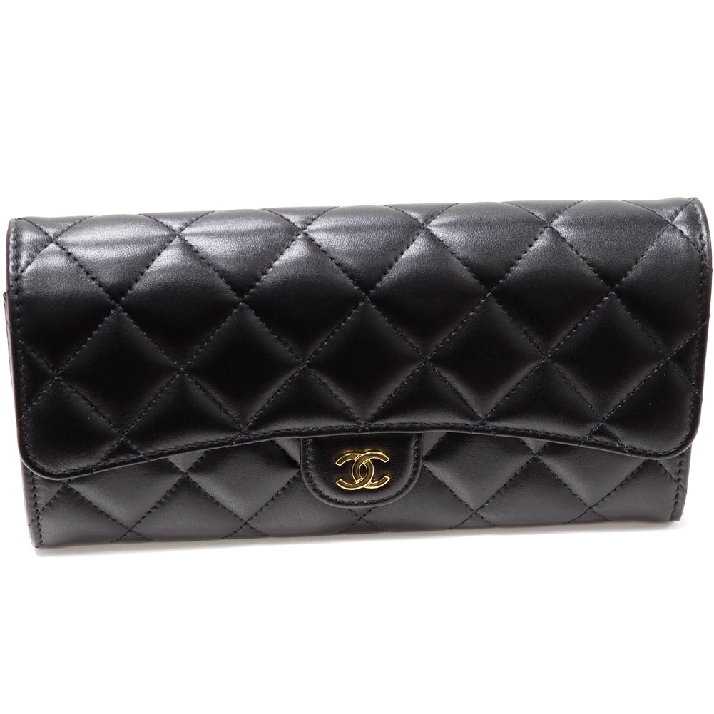 Top Quality Chanel Lambskin Classic Flap Wallet Black Gold AP0241