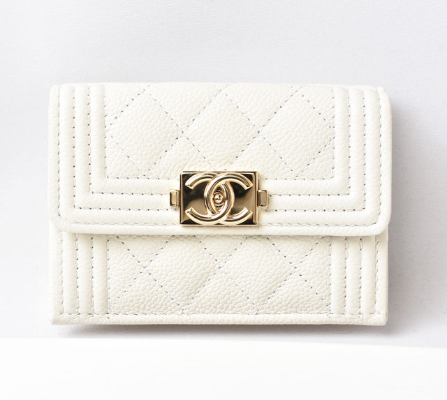 Top Quality Chanel Caviar Skin Boy Top Quality Chanel Mini Wallet Off White Gold