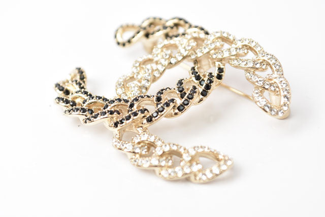 Top Quality Chanel Brooch Coco Mark Rhinestone Gold/Black