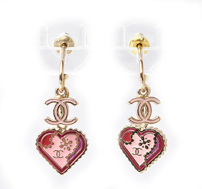 Top Quality Chanel Swing Earrings CC Mark Heart Motif Pink Gold