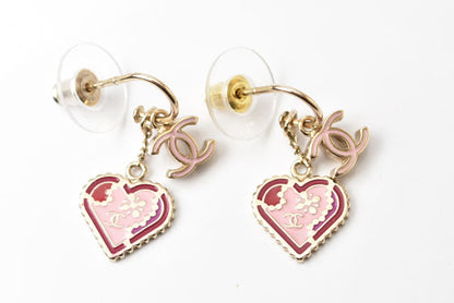 Top Quality Chanel Swing Earrings CC Mark Heart Motif Pink Gold