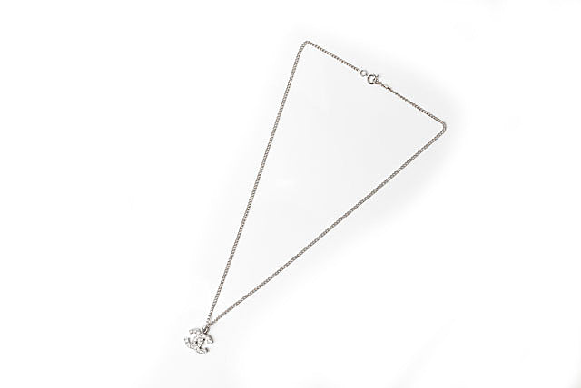 Top Quality Chanel Necklace/Pendant with Rhinestones. Silver/White. 42cm