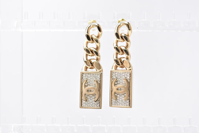 Top Quality Chanel Swing Earrings CC Mark Rhinestone Champagne Gold