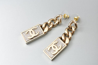 Top Quality Chanel Swing Earrings CC Mark Rhinestone Champagne Gold