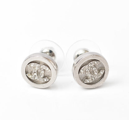 Top Quality Chanel CC Circle Rhinestone Silver Earrings