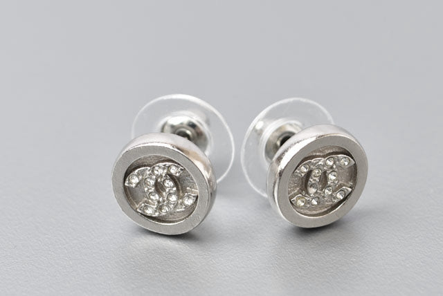 Top Quality Chanel CC Circle Rhinestone Silver Earrings