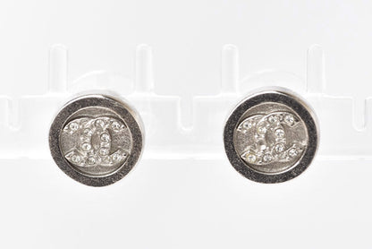 Top Quality Chanel CC Circle Rhinestone Silver Earrings