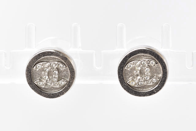Top Quality Chanel CC Circle Rhinestone Silver Earrings
