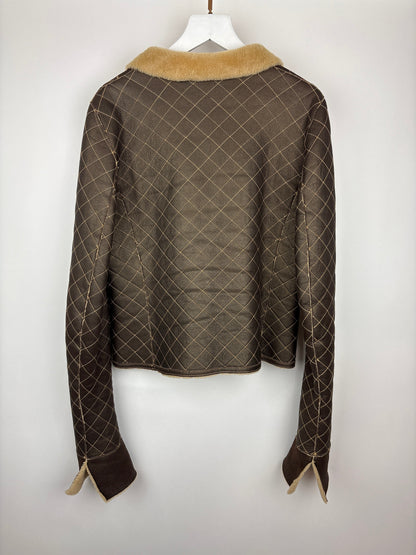 Top Quality Chanel Brown Quilted Stitch Shearling Zip -Up Jacket With Double Collar Detail FR 36 (UK 8)