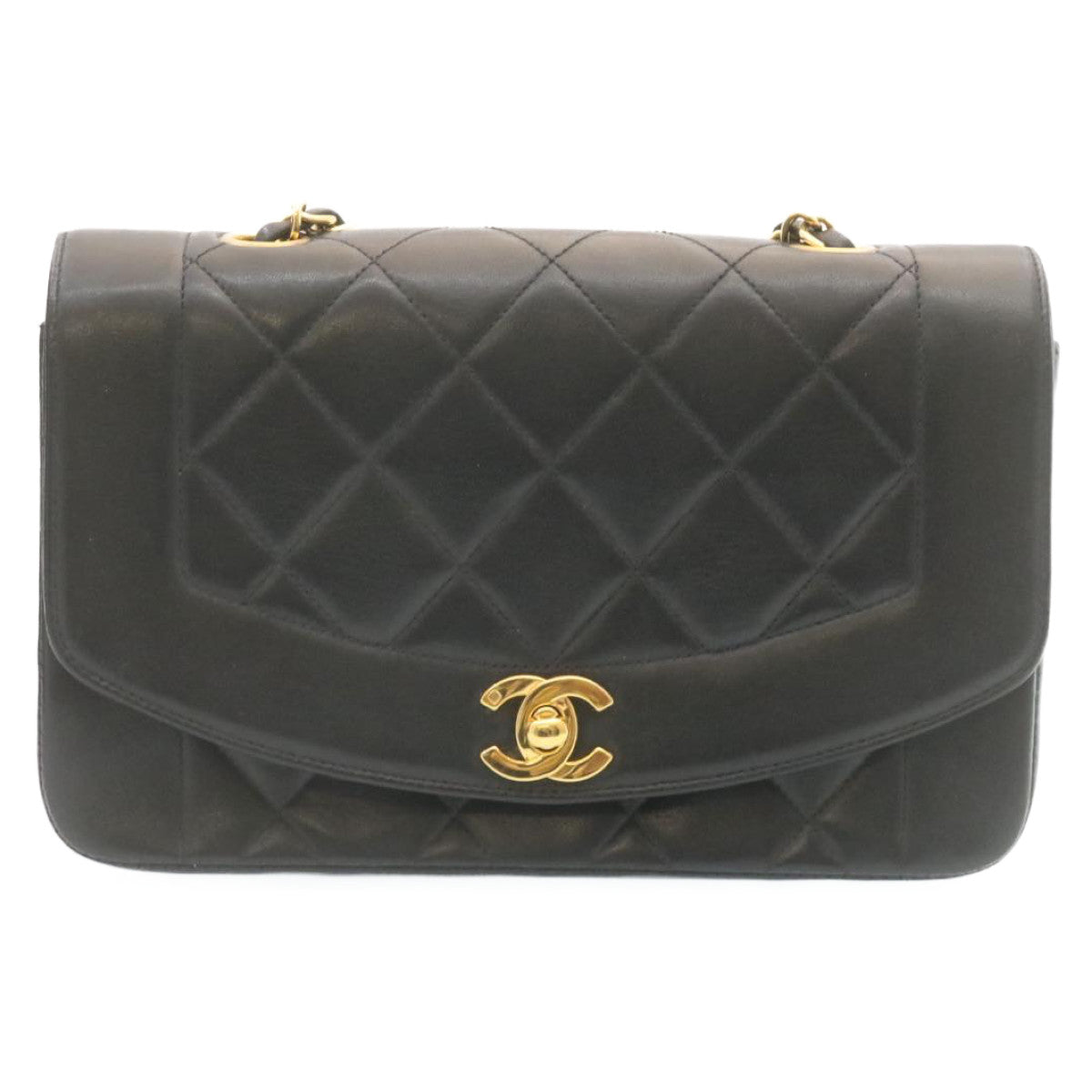 Top Quality Chanel Chain Turn Lock Diana Matelasse Shoulder Bag Lamb Skin Black Auth 28643A