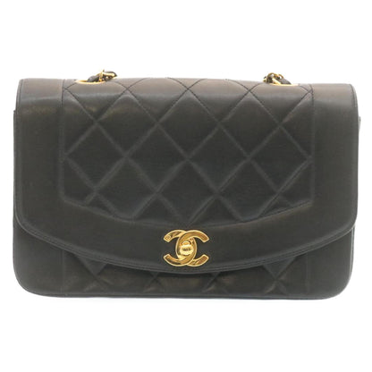 Top Quality Chanel Chain Turn Lock Diana Matelasse Shoulder Bag Lamb Skin Black Auth 28643A