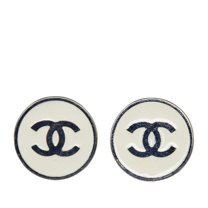 Top Quality Chanel Coco Mark Enamel Earrings Silver White Metal