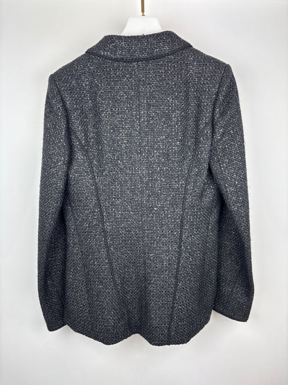 Top Quality Chanel Black Coated Tweed Curved Hem Jacket with Silver CC Button Detail FR 36 (UK 8)
