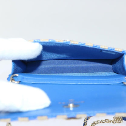 Top Quality Chanel Chain Shoulder Bag Raffia Blue Beige CC Auth 51139A