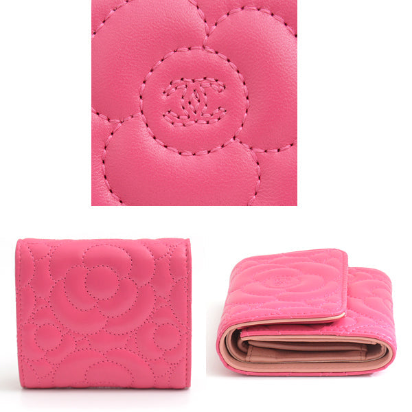 Top Quality Chanel Camellia Lambskin Trifold Compact Wallet Pink