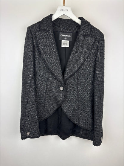 Top Quality Chanel Black Coated Tweed Curved Hem Jacket with Silver CC Button Detail FR 36 (UK 8)
