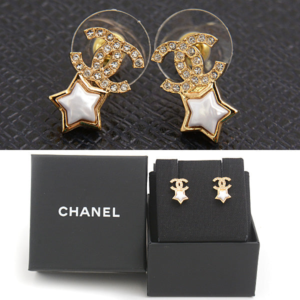 Top Quality Chanel Star Rhinestone Earrings Gold White
