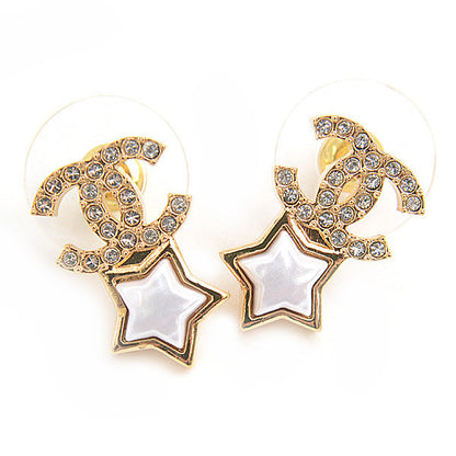Top Quality Chanel Star Rhinestone Earrings Gold White
