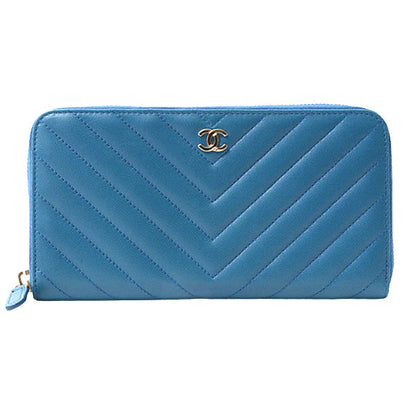 Top Quality Chanel Chevron Lambskin Round Zip Wallet Blue