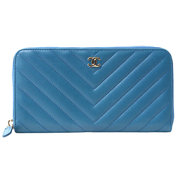 Top Quality Chanel Chevron Lambskin Round Zip Wallet Blue