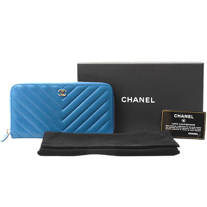 Top Quality Chanel Chevron Lambskin Round Zip Wallet Blue