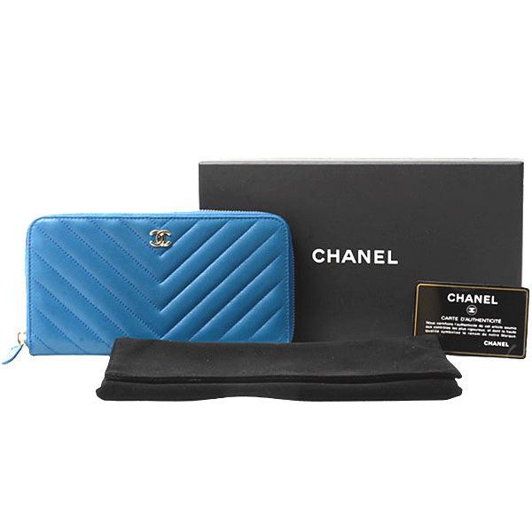 Top Quality Chanel Chevron Lambskin Round Zip Wallet Blue