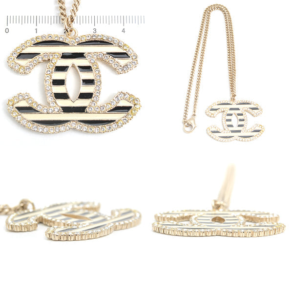 Top Quality Chanel Coco Mark Rhinestone Pendant Necklace Gold Black White