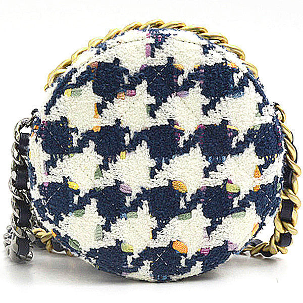 Top Quality Chanel Tweed Round Chain Shoulder Bag Houndstooth White Navy