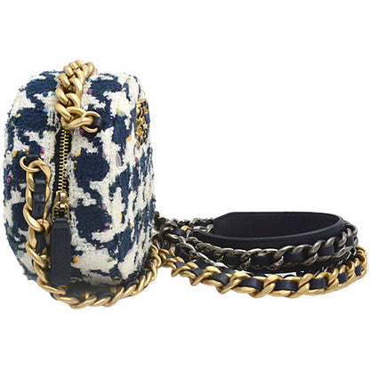 Top Quality Chanel Tweed Round Chain Shoulder Bag Houndstooth White Navy