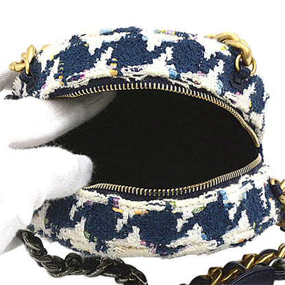 Top Quality Chanel Tweed Round Chain Shoulder Bag Houndstooth White Navy