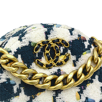 Top Quality Chanel Tweed Round Chain Shoulder Bag Houndstooth White Navy