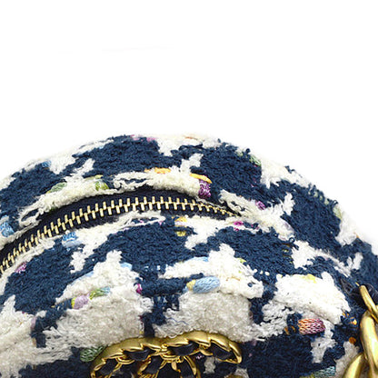 Top Quality Chanel Tweed Round Chain Shoulder Bag Houndstooth White Navy