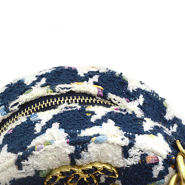 Top Quality Chanel Tweed Round Chain Shoulder Bag Houndstooth White Navy