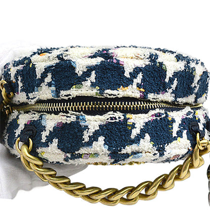 Top Quality Chanel Tweed Round Chain Shoulder Bag Houndstooth White Navy