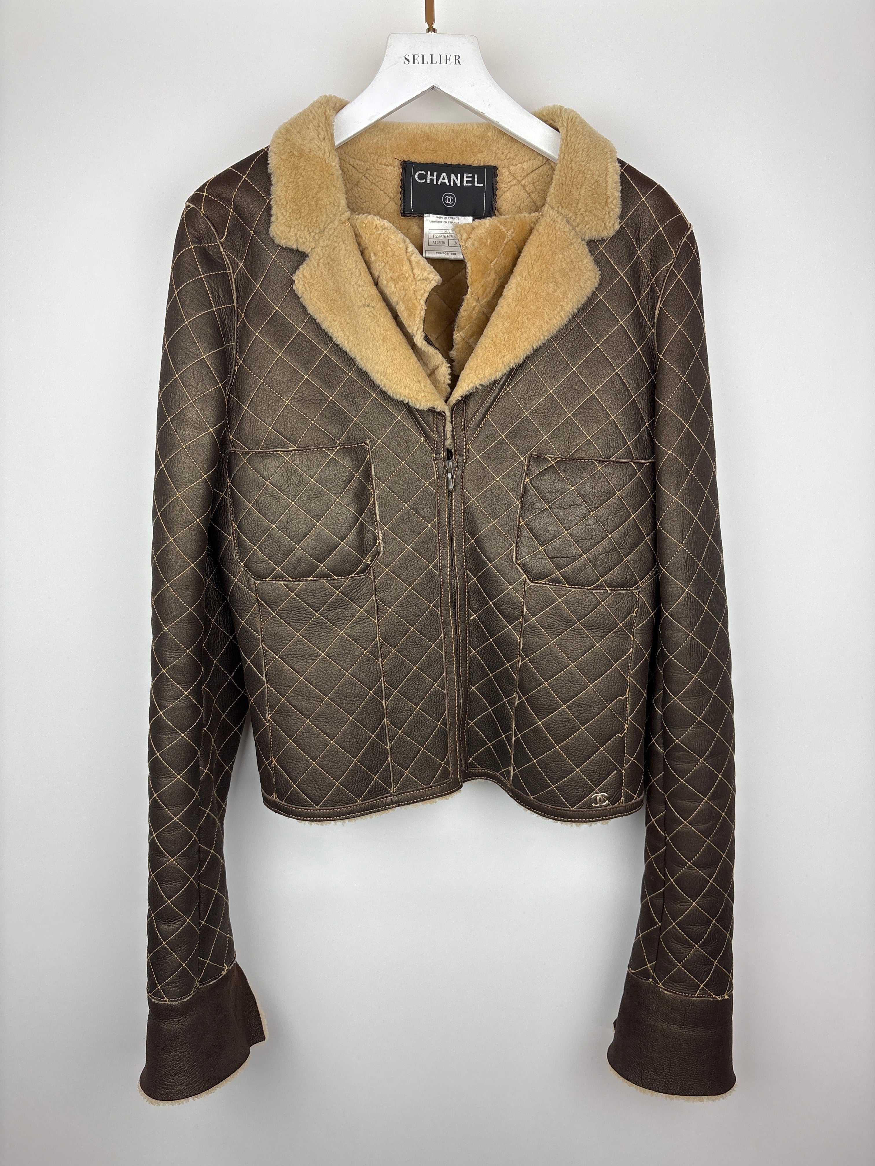 Top Quality Chanel Brown Quilted Stitch Shearling Zip -Up Jacket With Double Collar Detail FR 36 (UK 8)