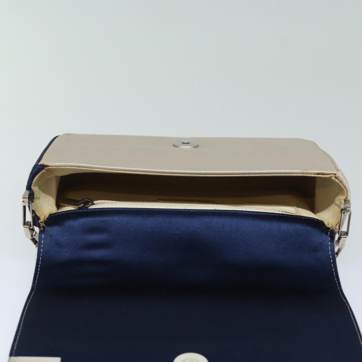 Top Quality Chanel Choco Bar Line Chain Shoulder Bag Satin Blue Beige CC Auth 84220