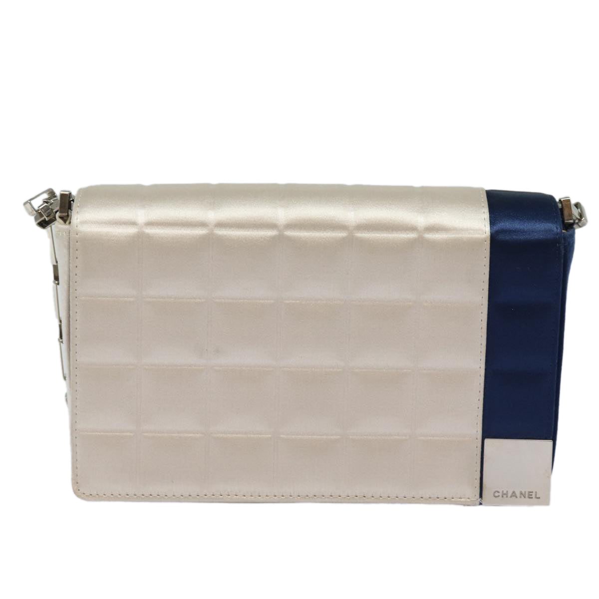 Top Quality Chanel Choco Bar Line Chain Shoulder Bag Satin Blue Beige CC Auth 84220