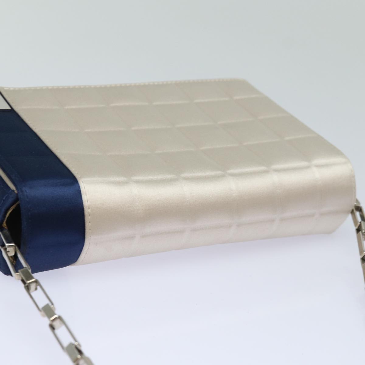 Top Quality Chanel Choco Bar Line Chain Shoulder Bag Satin Blue Beige CC Auth 84220