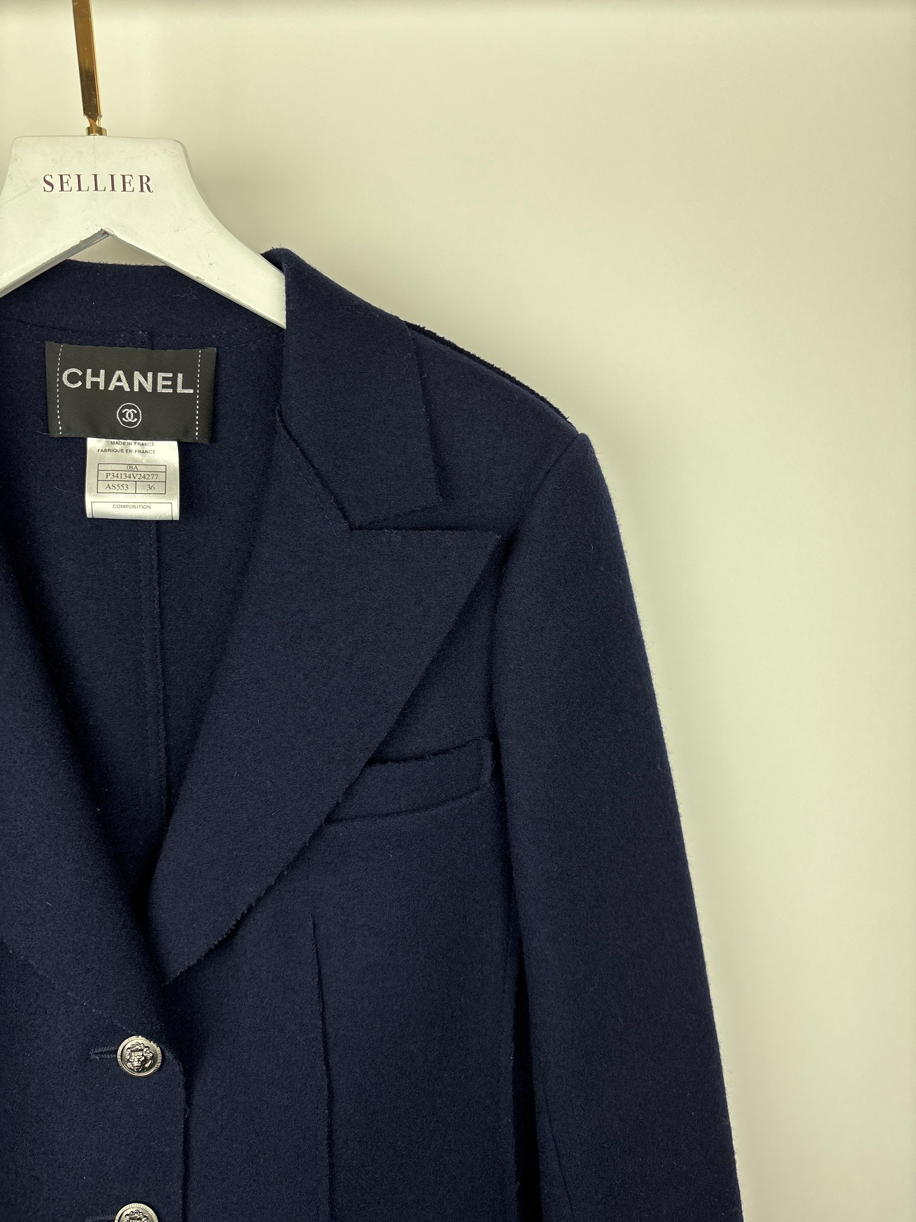 Top Quality Chanel Navy Wool Blazer Jacket with Silver CC Button Detail FR 36 (UK 8)