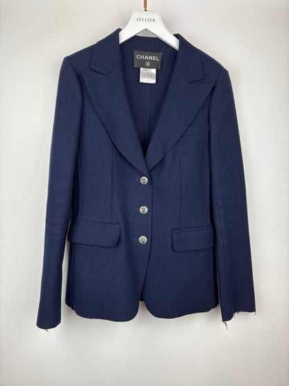 Top Quality Chanel Navy Wool Blazer Jacket with Silver CC Button Detail FR 36 (UK 8)