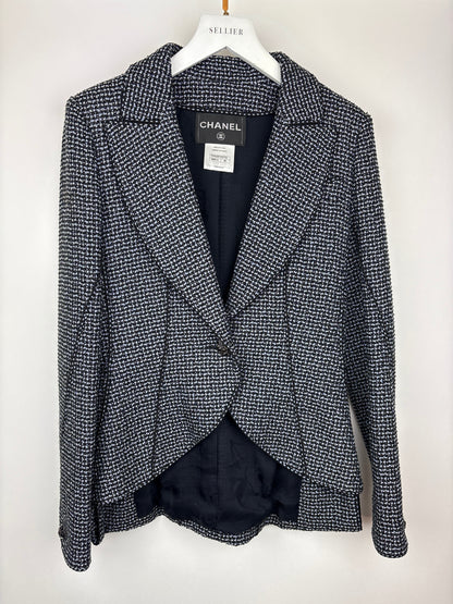 Top Quality Chanel Black & Grey Metallic Tweed Curved Hem Jacket with Ruthenium CC Button Detail FR 36 (UK 8)