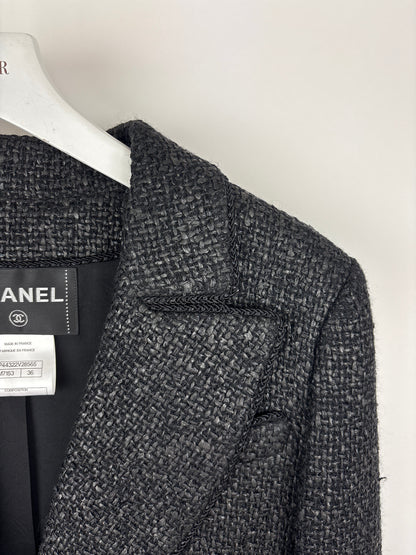 Top Quality Chanel Black Coated Tweed Curved Hem Jacket with Silver CC Button Detail FR 36 (UK 8)