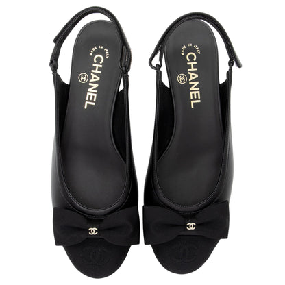 Top Quality Chanel Lambskin Grosgrain Bow CC Captoe Slingback Flats - Size 8.5 / 38.5 (SHF-UU3dKk)