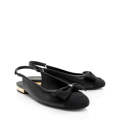 Top Quality Chanel Lambskin Grosgrain Bow CC Captoe Slingback Flats - Size 8.5 / 38.5 (SHF-UU3dKk)