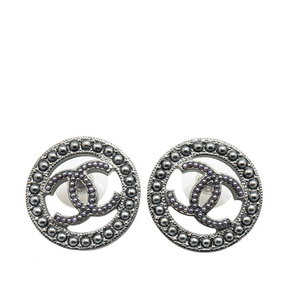 Top Quality Chanel Ruthenium Pearl CC Round Push Back Earrings (SHG-Y0WMQt)